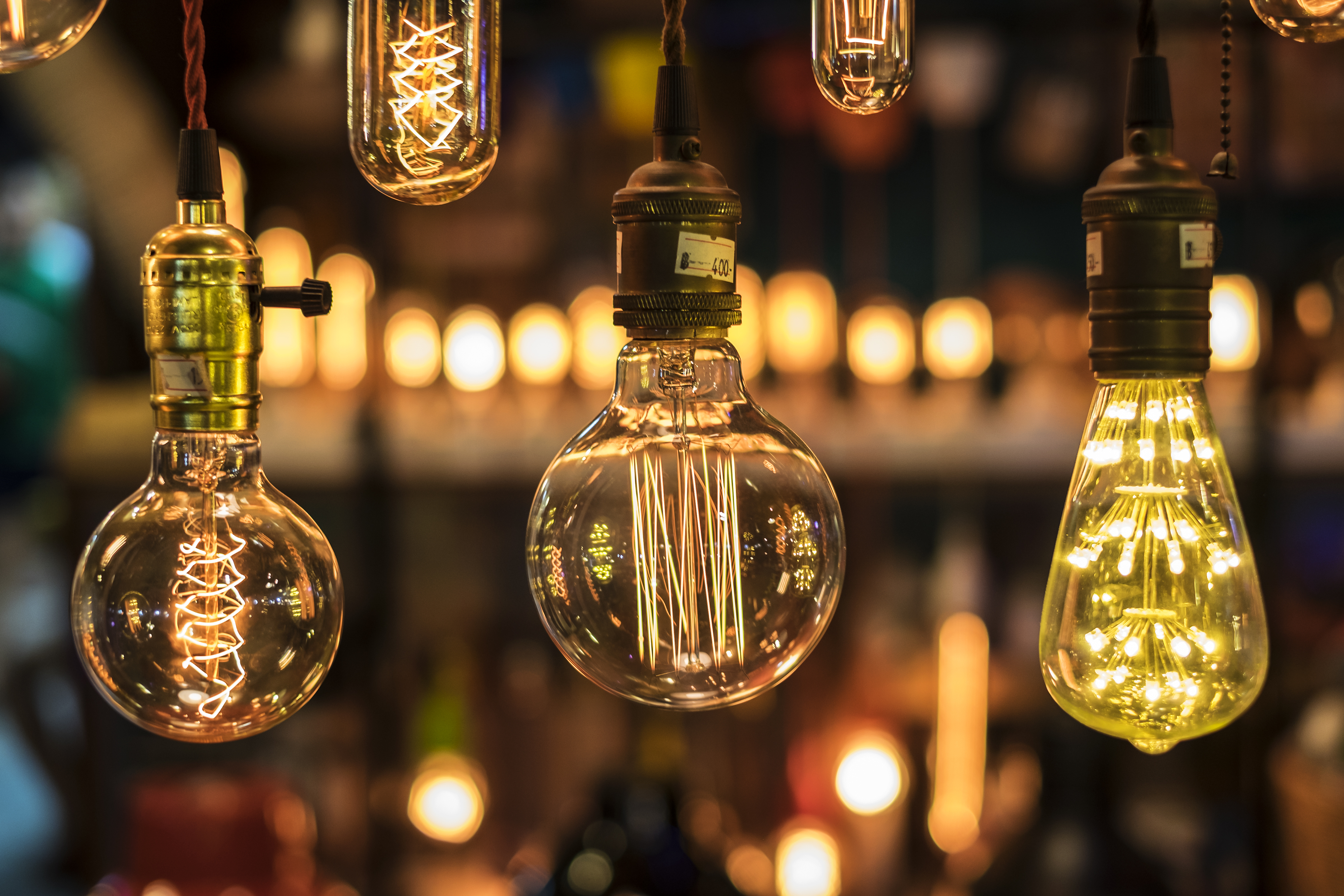 Vintage Edison bulbs with warm glowing filaments
